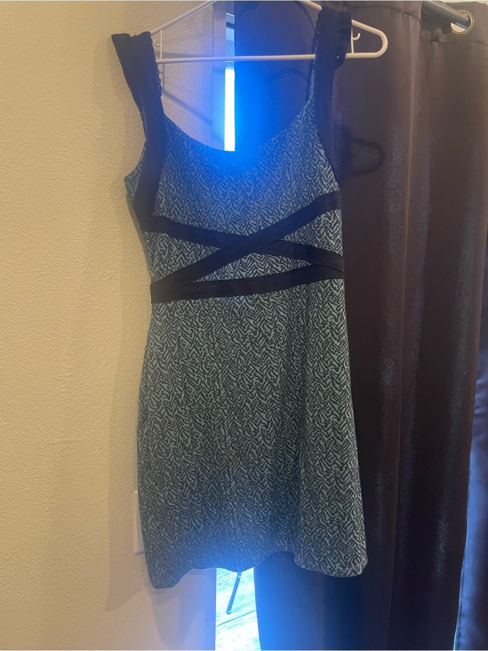 Free People- Sleeveless Blue Patterned Fit & Flare Dress with Black Trim